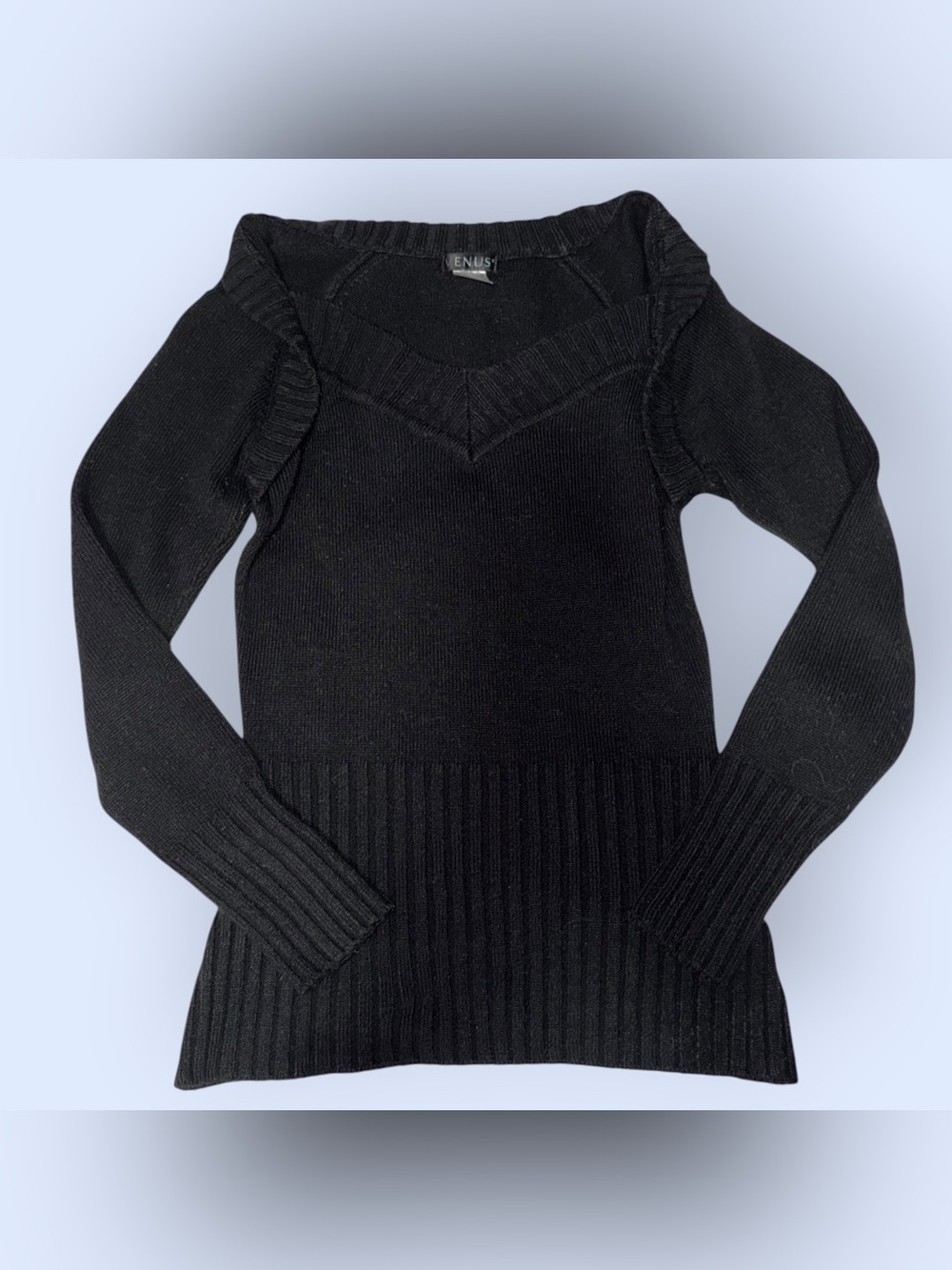 VENUS Black V-Neck Ribbed Hem Sweater